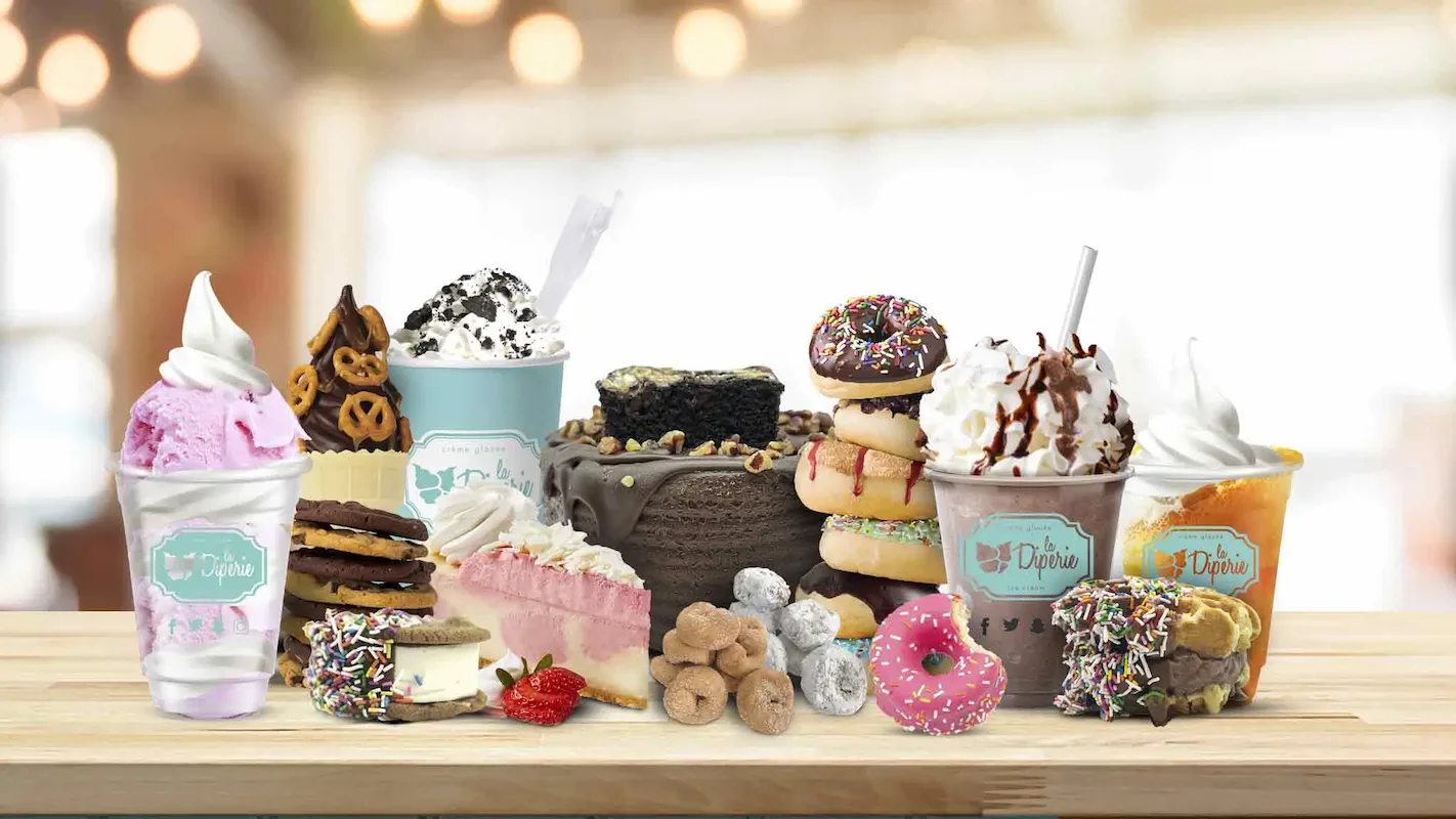 A variety of desserts from La Diperie franchise showcasing ice cream and donuts.