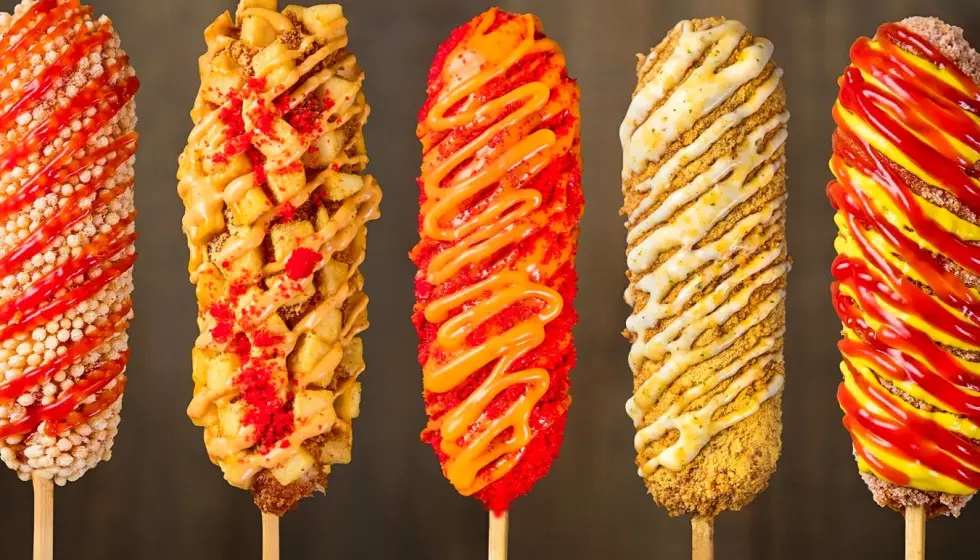 Five Korean corn dogs with various toppings like rice puffs, waffle batter, and ramen noodles, drizzled with colorful sauces.
