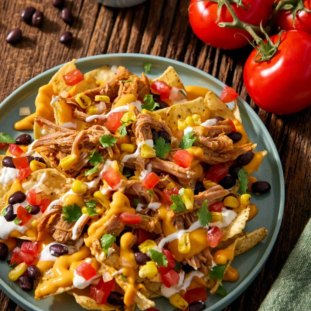 Loaded nachos with pulled pork, melted cheese, black beans, corn, tomatoes, sour cream, and cilantro on a rustic wooden table.