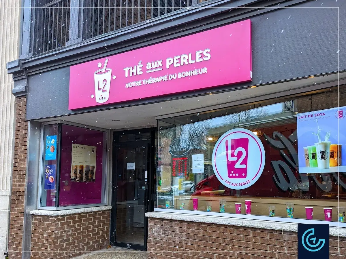 L2 BubbleTea bubble tea shop storefront in Verdun, Montreal, with a pink Thé aux perles sign